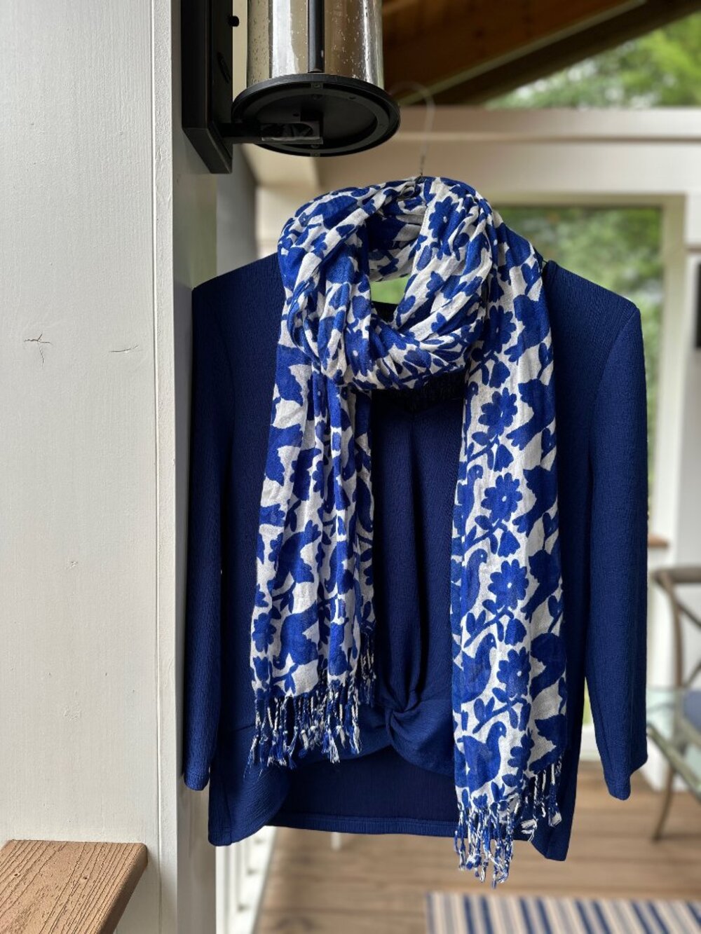 Otomi Style Scarf Royal Blue Birds Doves Flowers White Gauzy Cotton Fringe